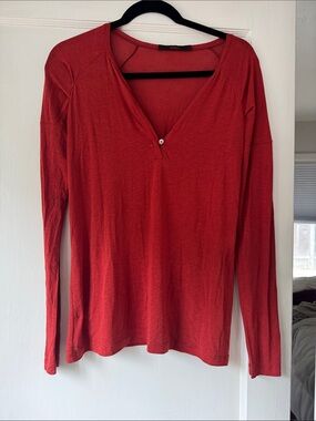 Annalee Red Long Sleeve V-Neck Top with Button Detail